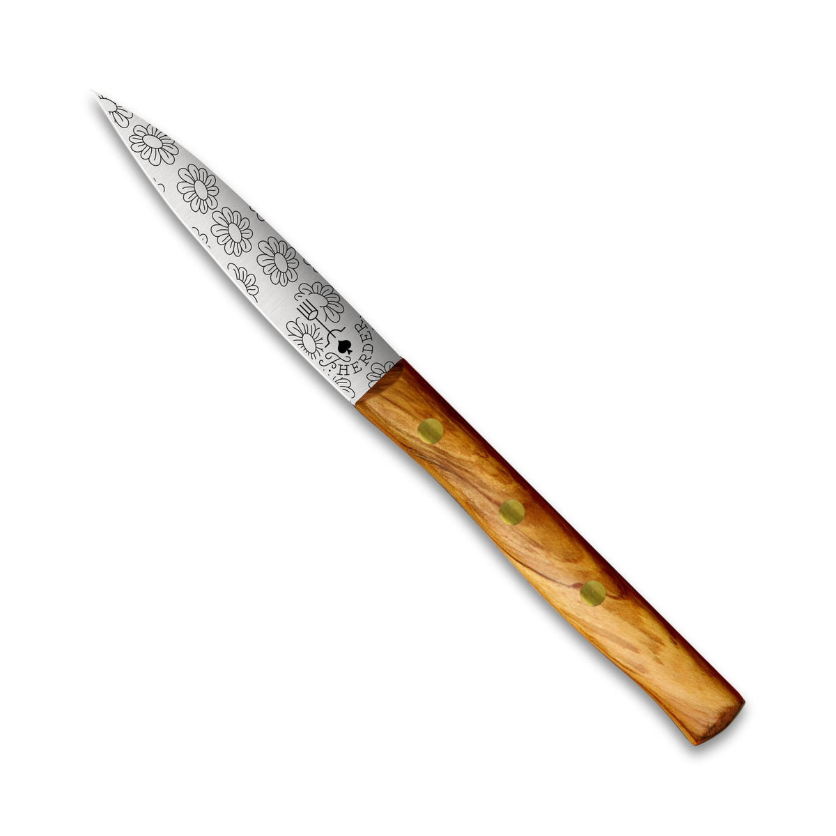 Zöppken Style Mittelspitz Rostfrei, Olivenholzgriff, Blumengravur, 9 cm Klinge