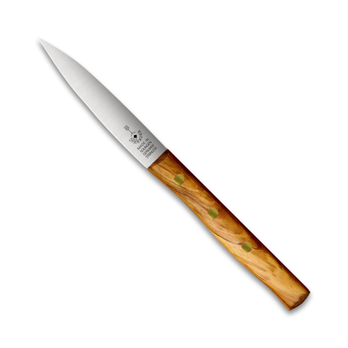 Zöppken Style Mittelspitz Rostfrei, Olivenholzgriff, Herder-Gravur, 9 cm Klinge