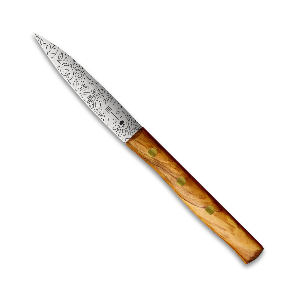 Zöppken Style Mittelspitz Rostfrei, Olivenholzgriff, Mosaikgravur, 9 cm Klinge