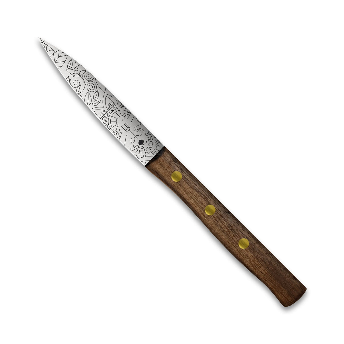 Zöppken Style Mittelspitz Rostfrei, Walnussgriff, Mosaikgravur, 9 cm Klinge