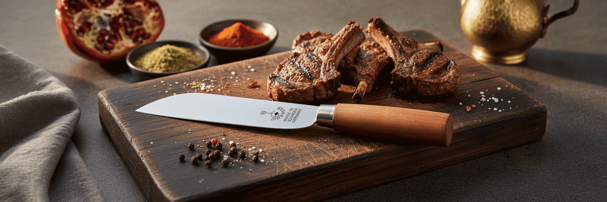 Boschermesser aus Solingen auf Holzbrett neben gegrilltem Lammfleisch und arabischen Gewürzen, hochwertiger Carbonstahl mit Holzgriff, warmes Licht.
