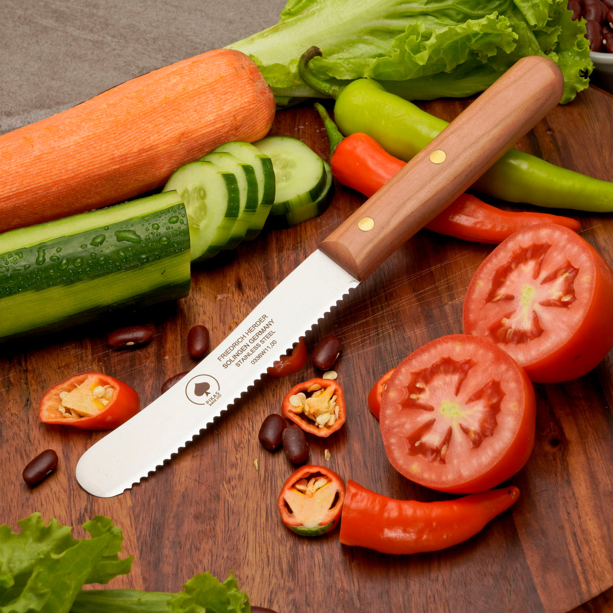 Buckelsmesser Brotmesser Solingen – Kirsche Holzgriff mit Wellenschliff – Ansicht 1