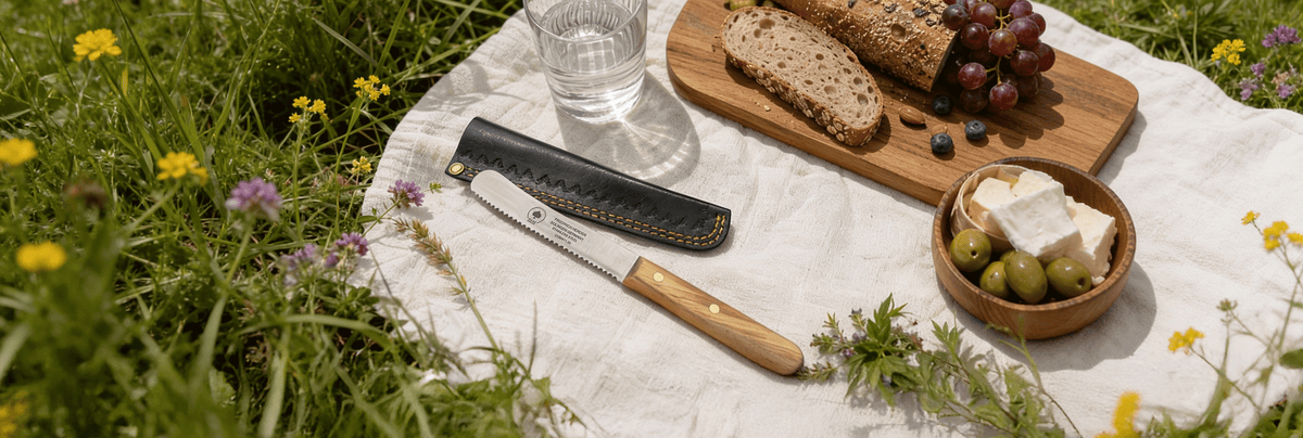 Buckelsmesser mit Holzgriff und schwarzer Lederscheide auf einer Picknickdecke mit Brot, Trauben, Käse und Oliven in sommerlicher Wiese.