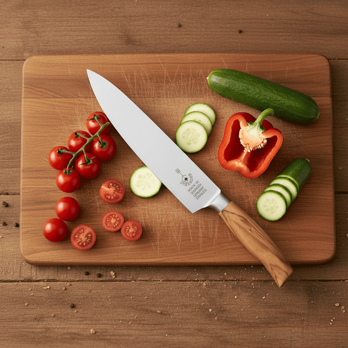 Hochwertiges Solinger Kochmesser mit Edelstahlklinge und Olivenholzgriff, ideal zum Schneiden von Gemüse wie Tomaten, Gurken und Paprika.