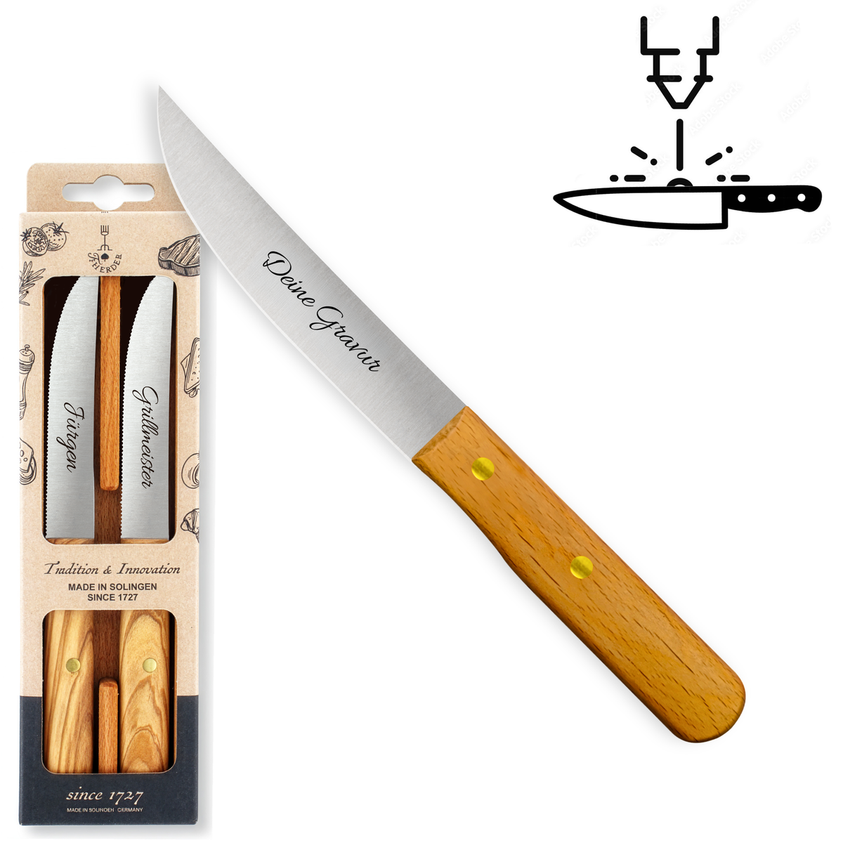 Steakmesser 2er Set - Eigene Gravur mit Buchenholzgriff aus Solingen