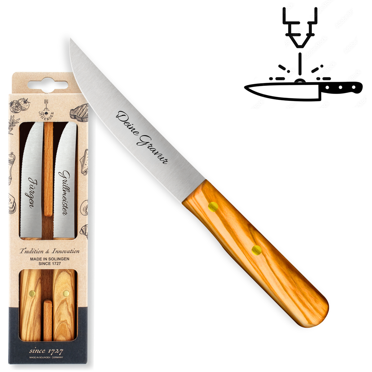 Steakmesser 2er Set - Eigene Gravur mit Olivenholzgriff aus Solingen