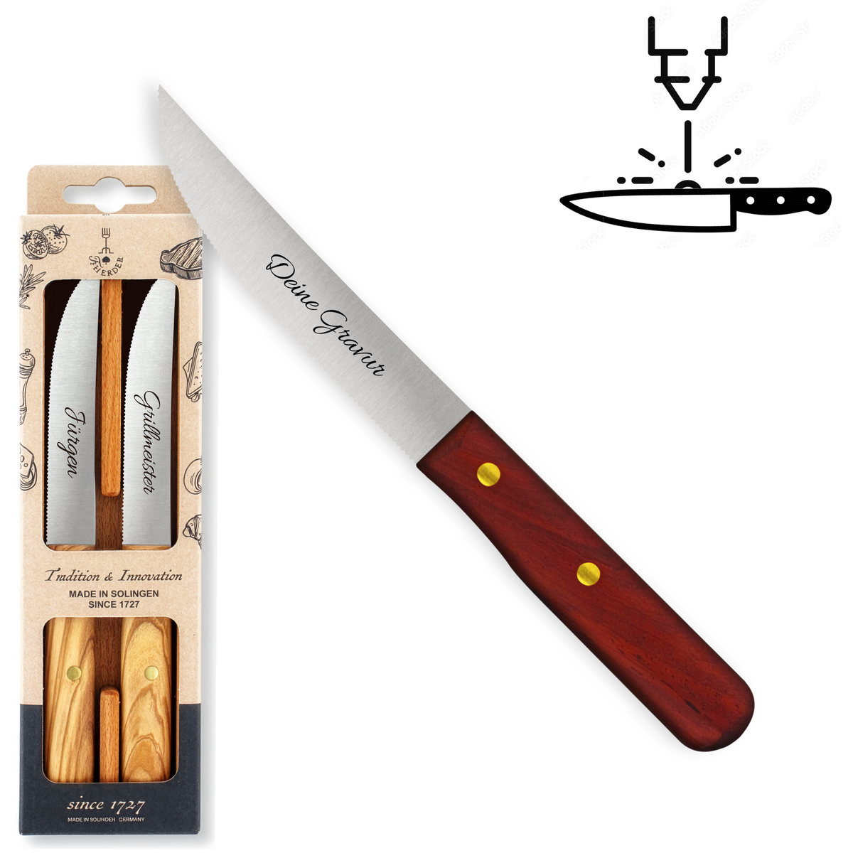 Steakmesser 2er Set - Eigene Gravur mit Padoukgriff, Wellenschliff aus Solingen