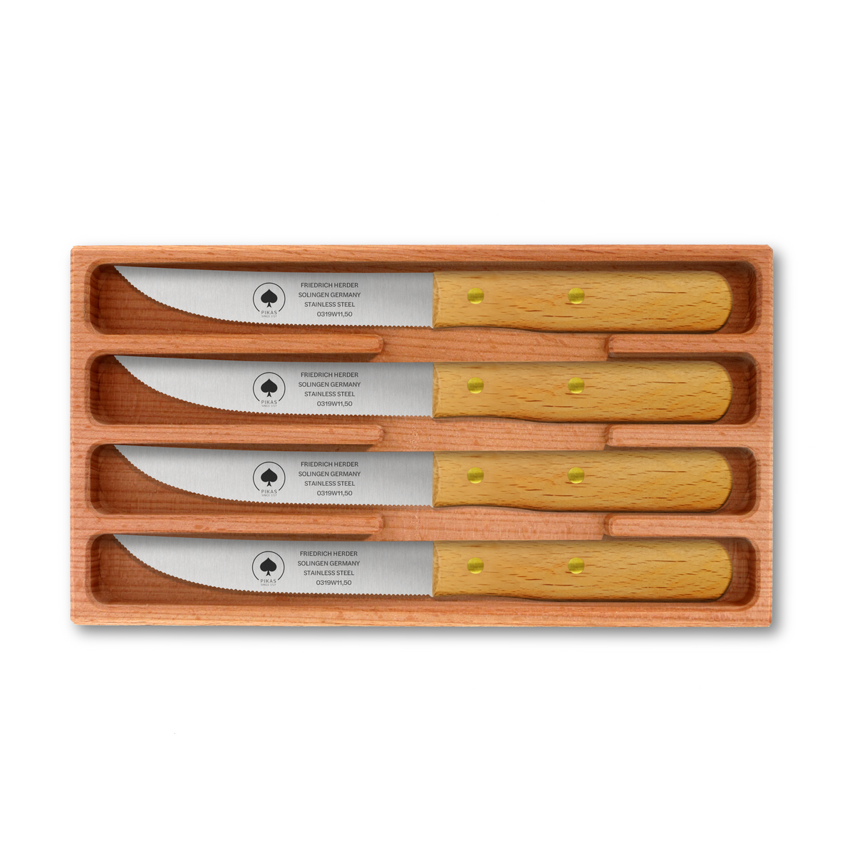 Steakmesser Holzgriff 4er Set mit Buchenholzgriff, Wellenschliff aus Solingen
