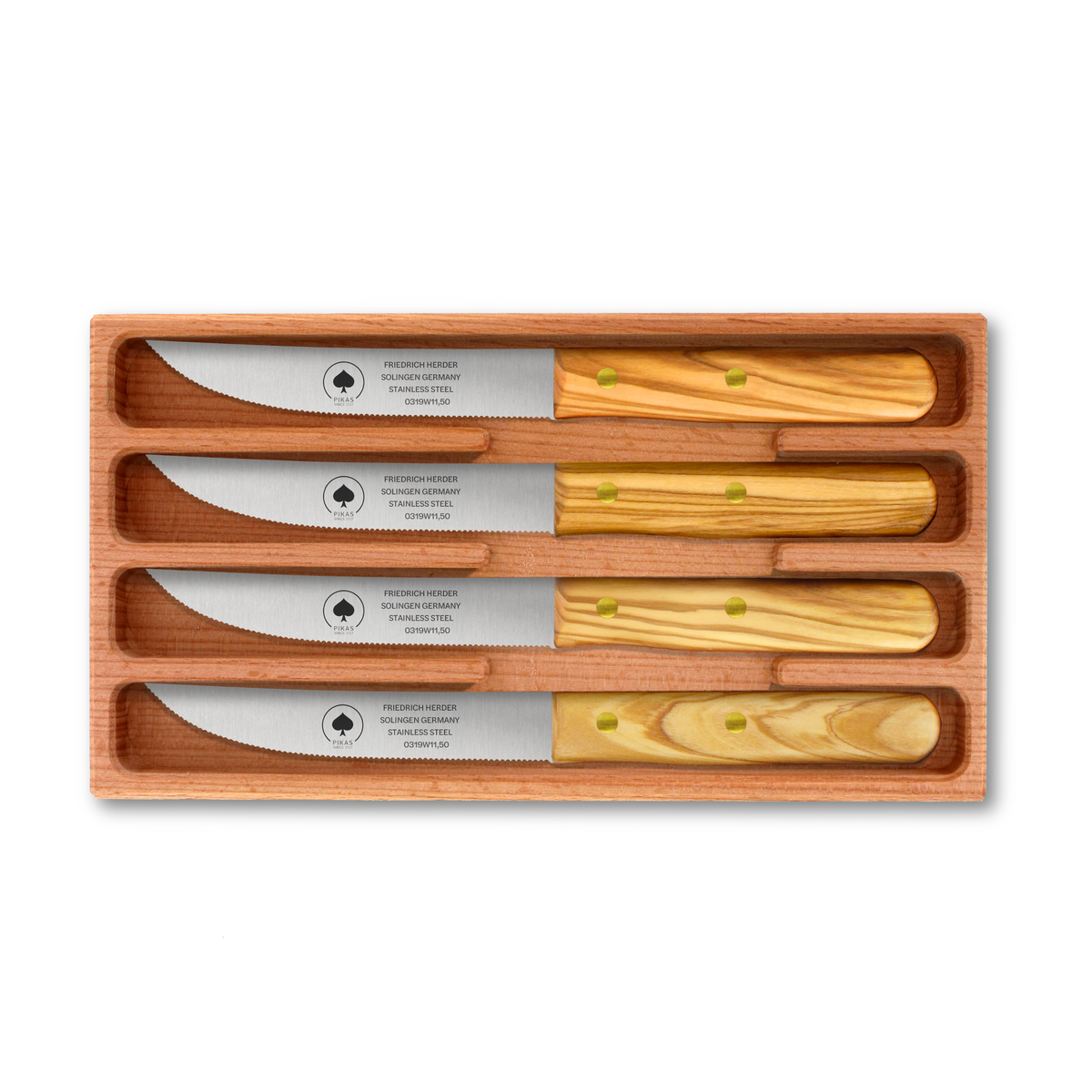 Steakmesser Holzgriff 4er Set mit Olivenholzgriff, Wellenschliff aus Solingen