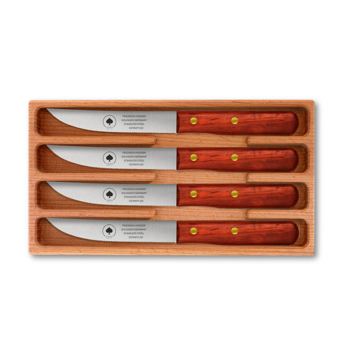 Steakmesser 4er-Set mit Padoukgriff und Wellenschliff aus Solingen