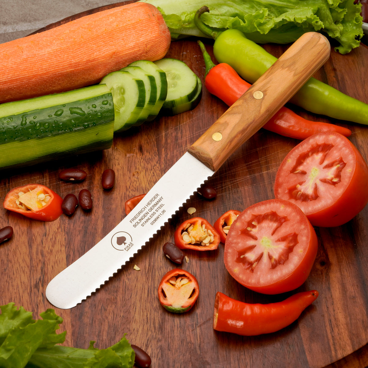 Buckelsmesser Brotmesser Solingen – Olive Holzgriff mit Wellenschliff – Ansicht 1