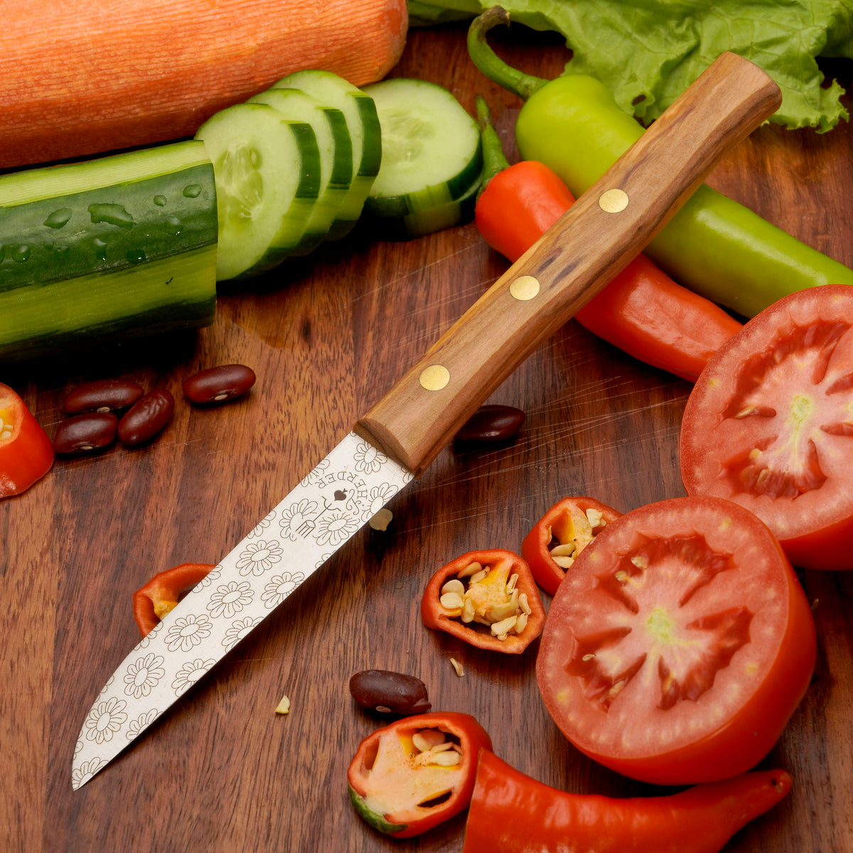Gemüsemesser Solingen Zöppken Style Rostfrei olive blumen Holzgriff Dünnschliff mit Blumengravur (Variante 1)