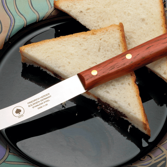 Brotzeitmesser Solingen – handgefertigtes Buckelsmesser mit Buckelsklinge und ergonomischem Holzgriff, Wellenschliff Frühstücksmesser, Solinger Qualität