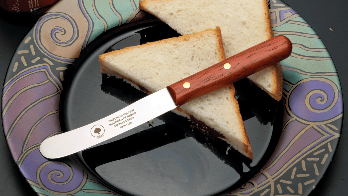 Brotzeitmesser Solingen – handgefertigtes Buckelsmesser mit Buckelsklinge und ergonomischem Holzgriff, Wellenschliff Frühstücksmesser, Solinger Qualität