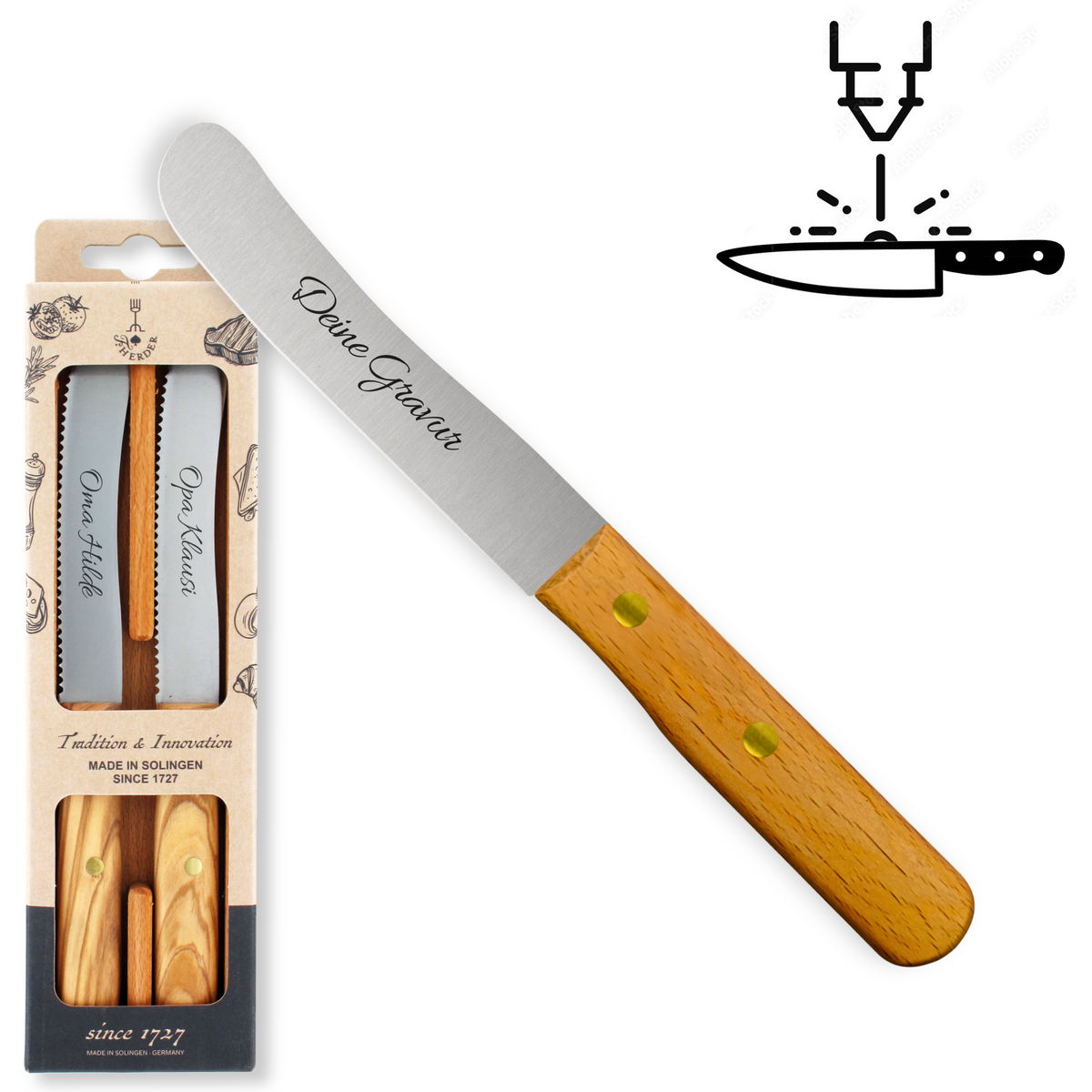 Buckelsmesser / Frühstücksmesser 2er Set - Eigene Gravur mit Buchenholzgriff aus Solingen