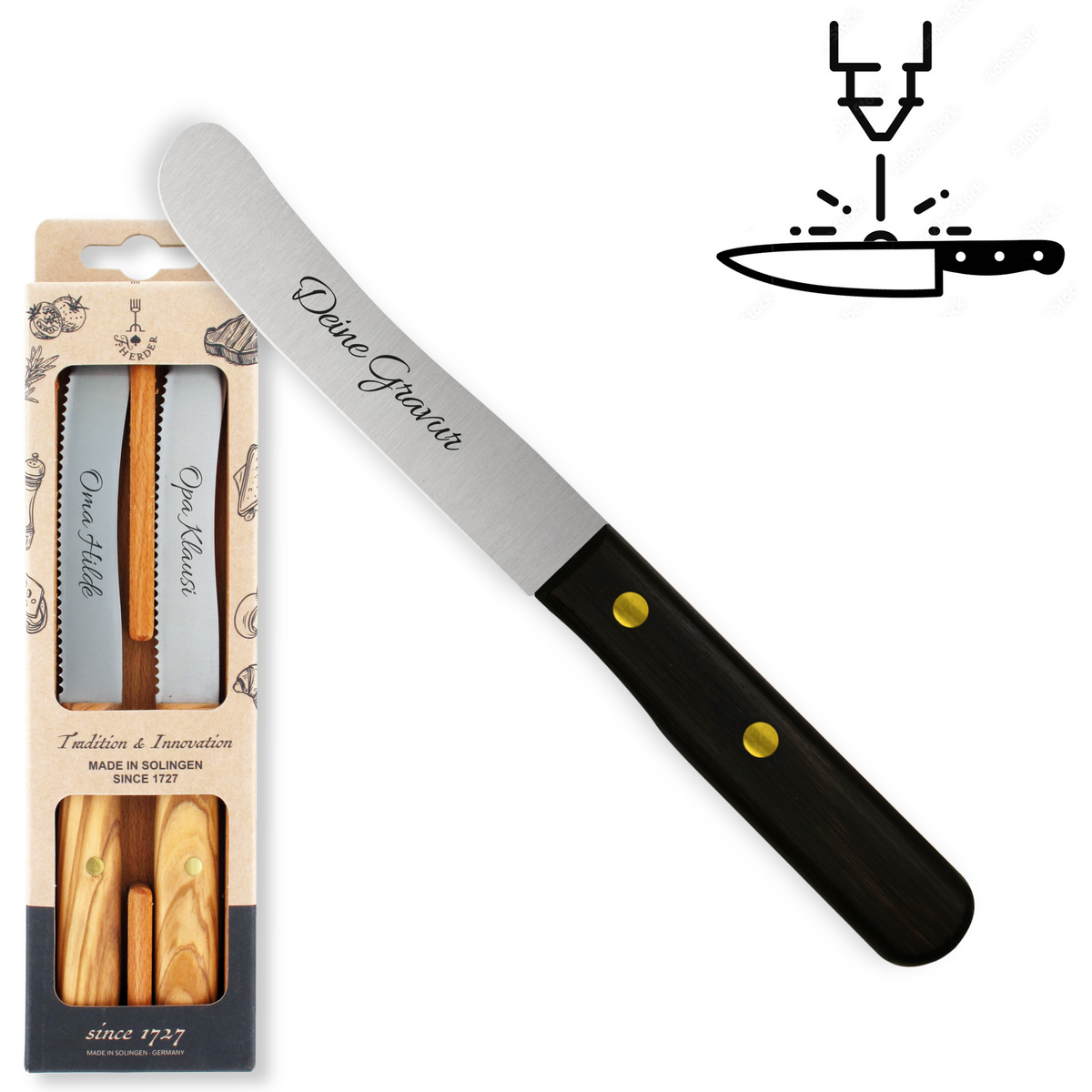 Buckelsmesser / Frühstücksmesser 2er Set - Eigene Gravur mit Mooreichengriff aus Solingen