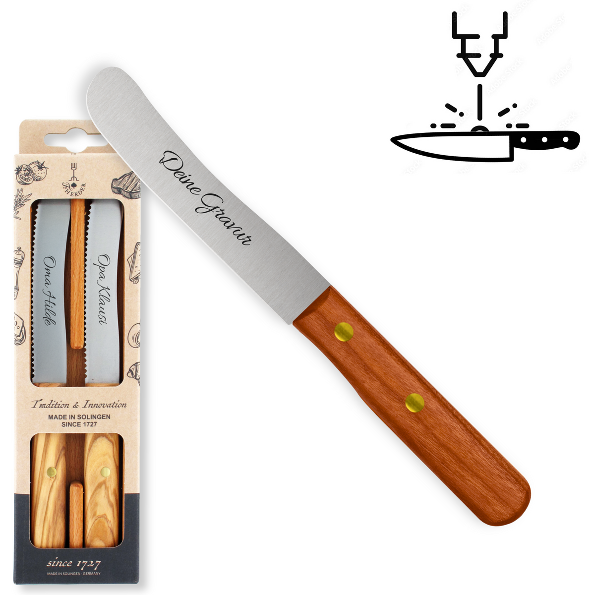 Buckelsmesser / Frühstücksmesser 2er Set - Eigene Gravur mit Kirschholzgriff aus Solingen