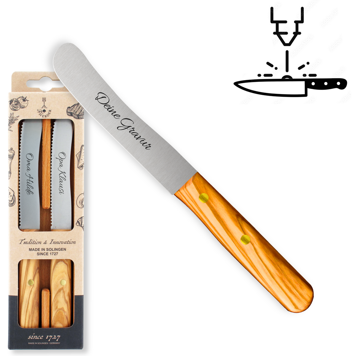 Buckelsmesser / Frühstücksmesser 2er Set - Eigene Gravur mit Olivenholzgriff aus Solingen