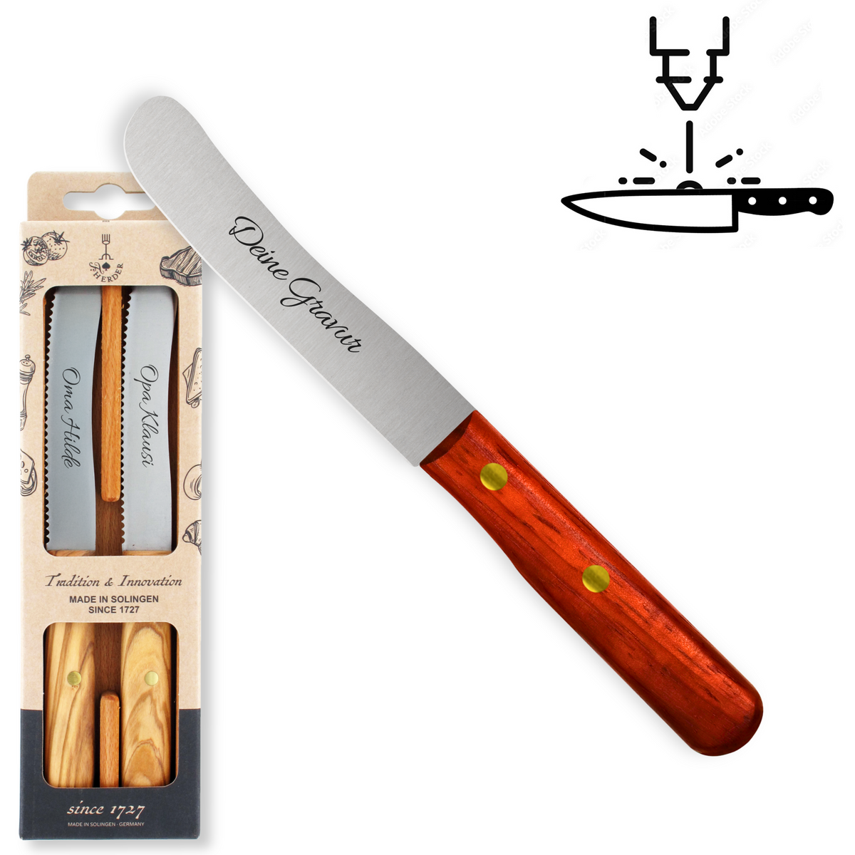 Buckelsmesser 2er-Set mit Padoukgriff und individueller Gravur aus Solingen