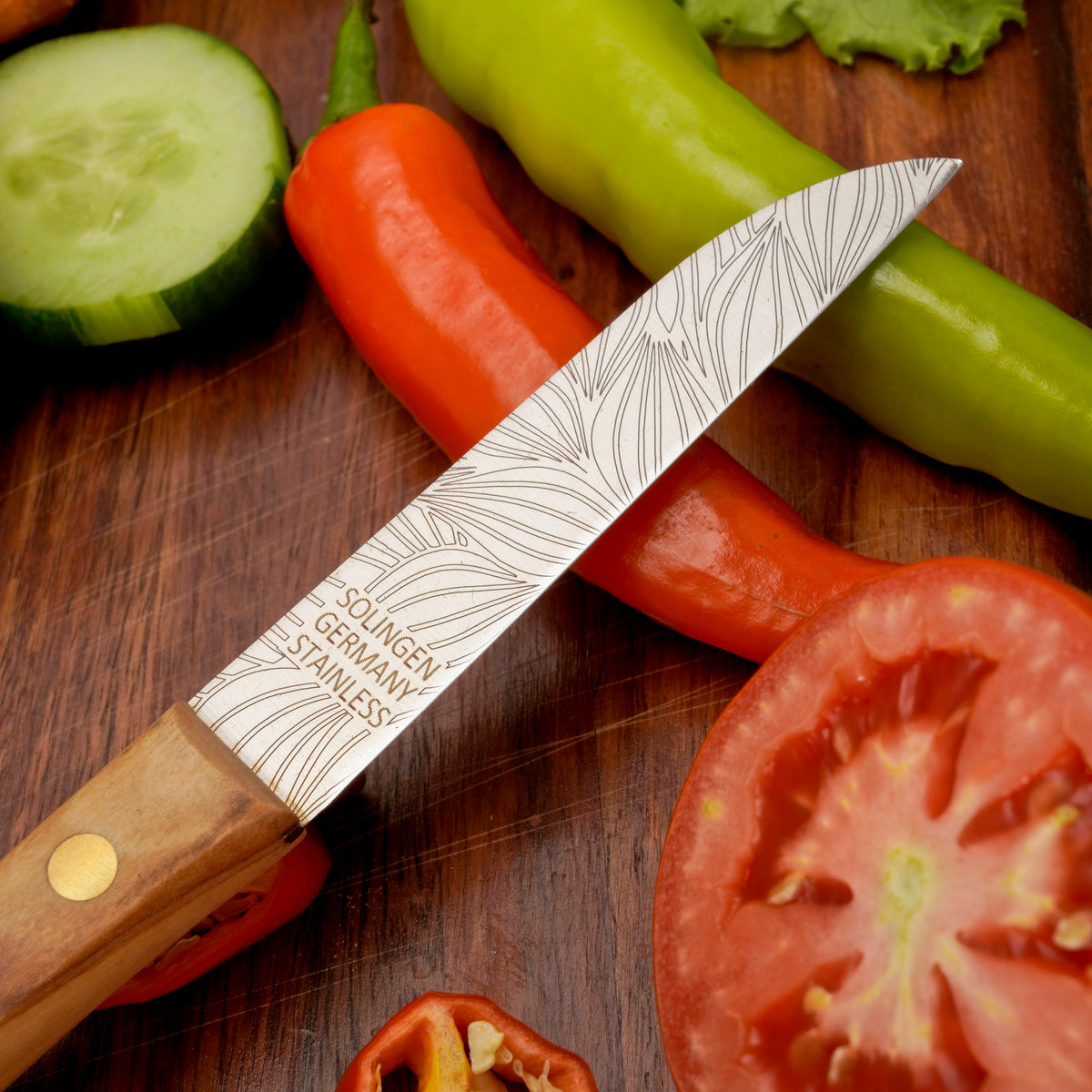 Gemüsemesser Solingen Zöppken Style Rostfrei olive blatt Holzgriff Dünnschliff mit Blattgravur (Variante 2)