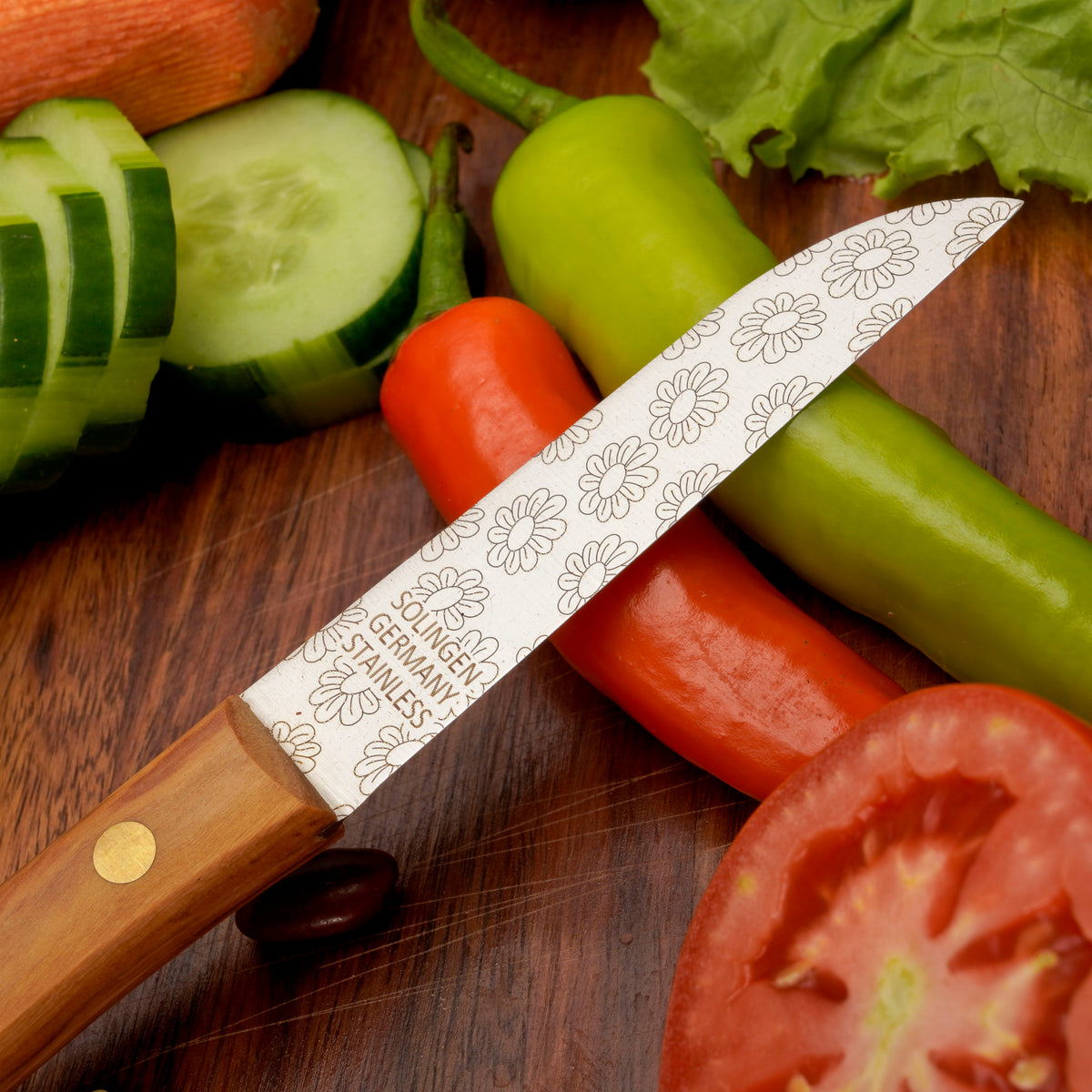Gemüsemesser Solingen Zöppken Style Rostfrei olive blumen Holzgriff Dünnschliff mit Blumengravur (Variante 2)