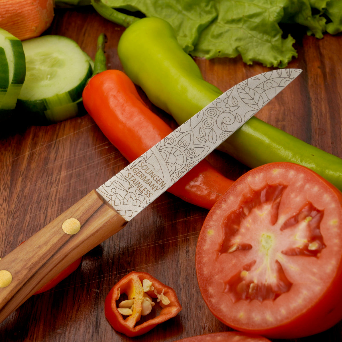 Gemüsemesser Solingen Zöppken Style Rostfrei olive mosaik Holzgriff Dünnschliff mit Mosaikgravur (Variante 2)